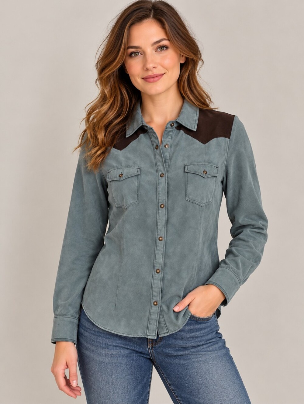 LEGACY FALLS Faux Suede Western Snap Button Long Sleeve Rockabilly Cowgirl Shirt